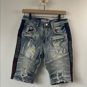 PREME  Blue Jean Shorts with Distressed Details and Side Stripes